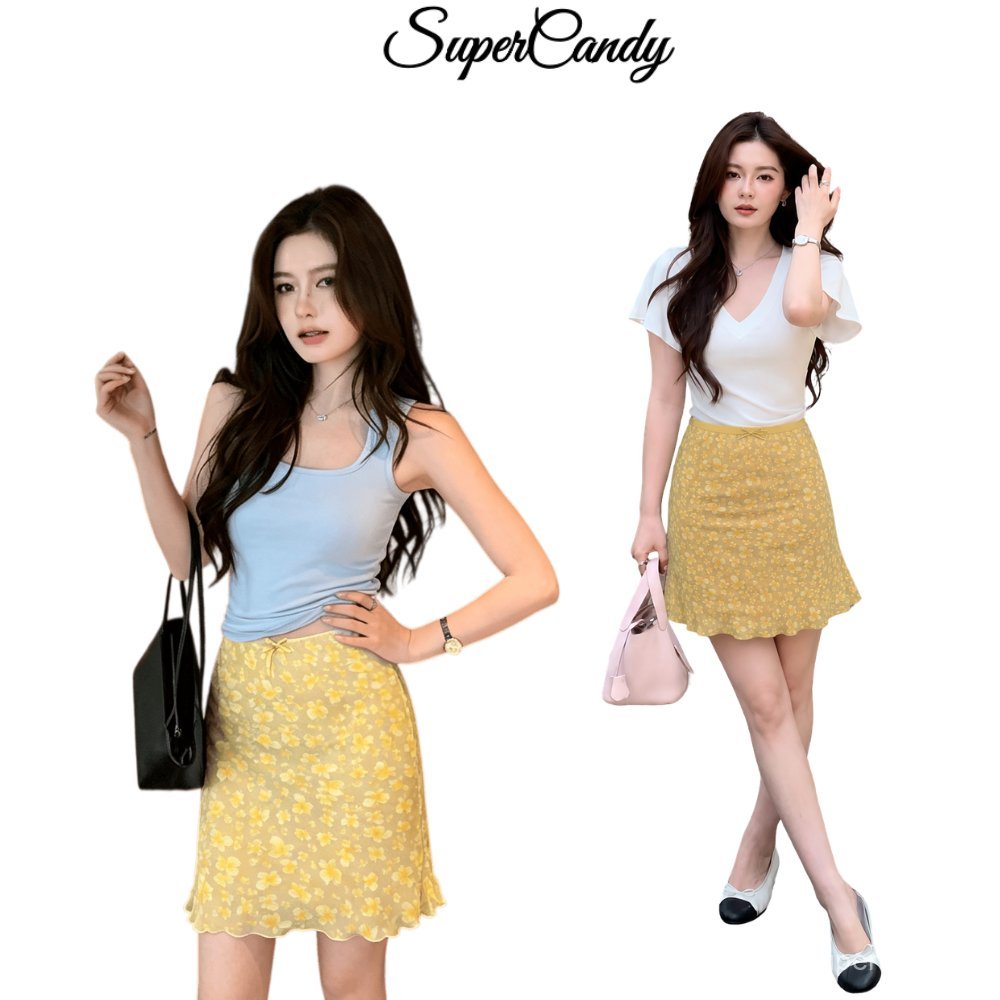 SuperCandy🌷กระโปรงทรงเอไลน์เข้ารูปพิมพ์ลายดอกไม้สีเหลืองสำหรับผู้หญิง ดีไซน์ใหม่ล่าสุดสำหรับฤดูร้อน ช่วยให้ดูผอมเพรียว
