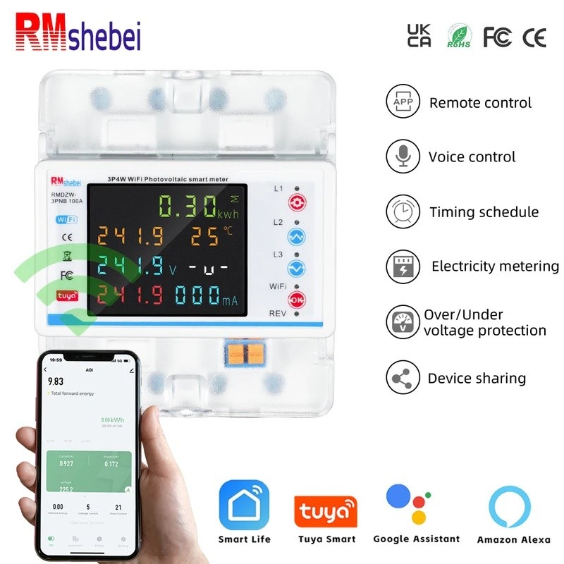 NRIZ RMshebei 3-Phase 4 สาย Tuya สมาร์ท WiFi MCB Circuit Breaker มัลติฟังก์ชั่น LCD Meter 100A จับเว