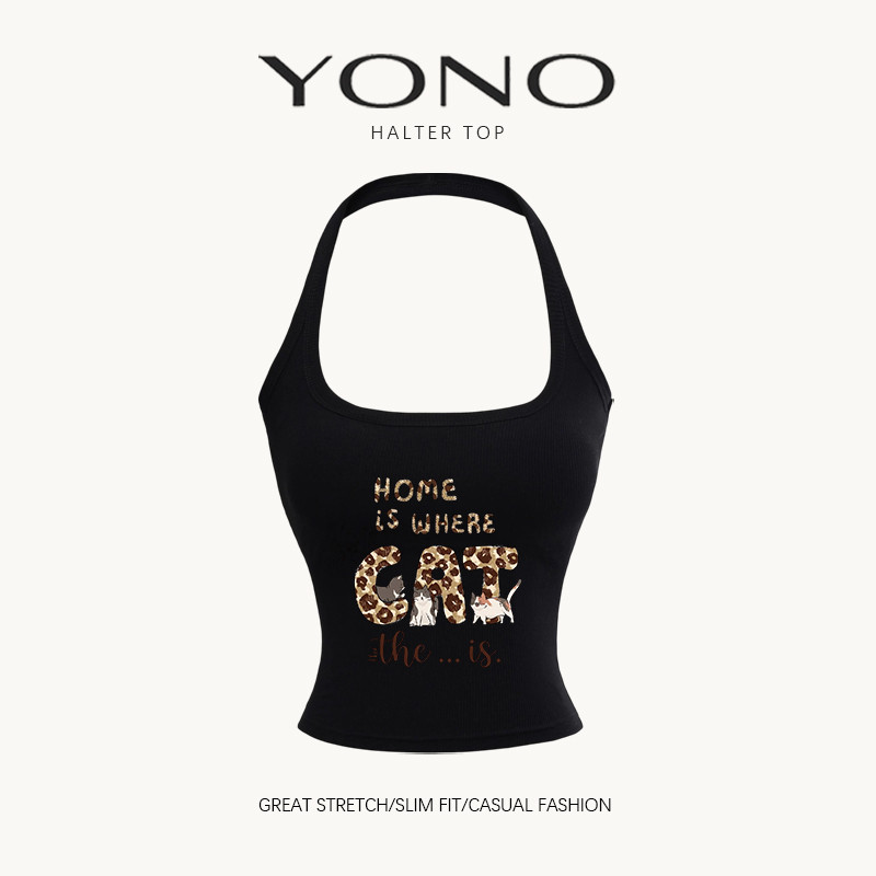 (พร้อมส่ง24ชม.) YONO เสื้อคล้องคอผู้หญิง Halter Top ลาย HOME IS WHERE CAT แมวลายเสือดาว สไตล์น่ารัก 