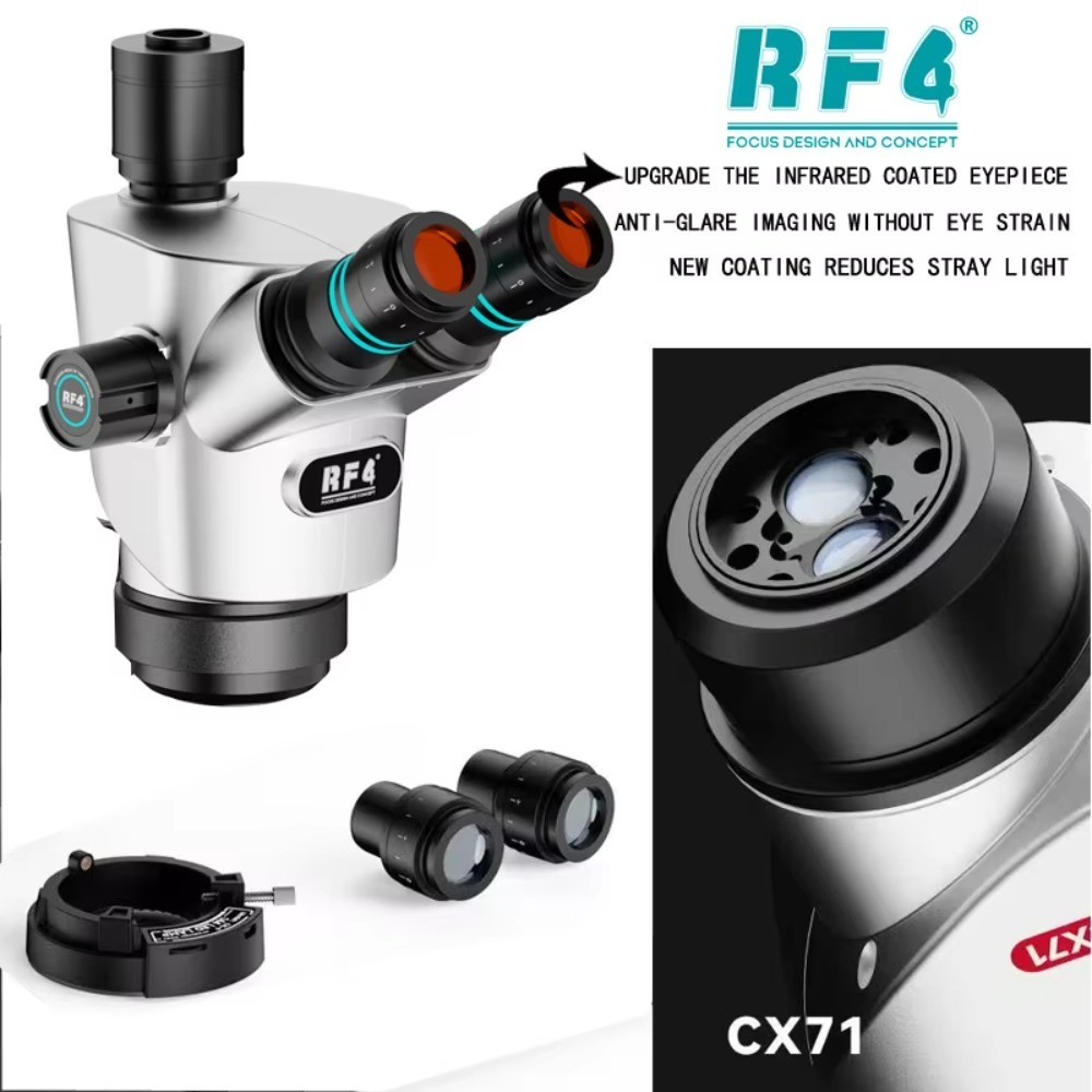 RF4 CX71 กล้องจุลทรรศน์แบบสามขาป้องกันความเมื่อยล้าคู่ แว่นตาป้องกันแสงสะท้อนสีแดง เสนอรายละเอียดที่