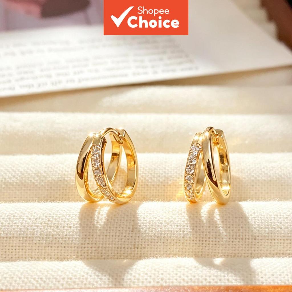 ต่างหูห่วง Huggie Zircon สีทองสองชั้นผู้หญิงซ้อนทุกวัน