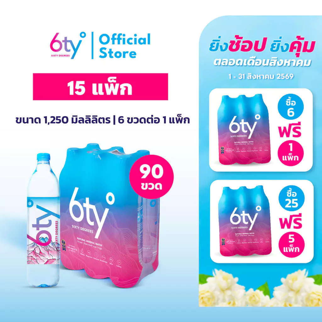 [ส่งฟรี] 350ml 25 แพ็ก 300 ขวด นํ้าแร่ 6ty Degrees Mineral Water น้ำแร่ธรรมชาติ 100% จากแหล่งน้ำแร่เชียงดาว