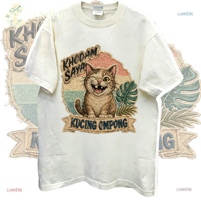 ร้านลูมิÈRE|เสื้อยืดโอเวอร์ไซส์แขนสั้นผู้หญิง เสื้อท็อปสตรีสไตล์เกาหลี khodam cat motif, ompong retr