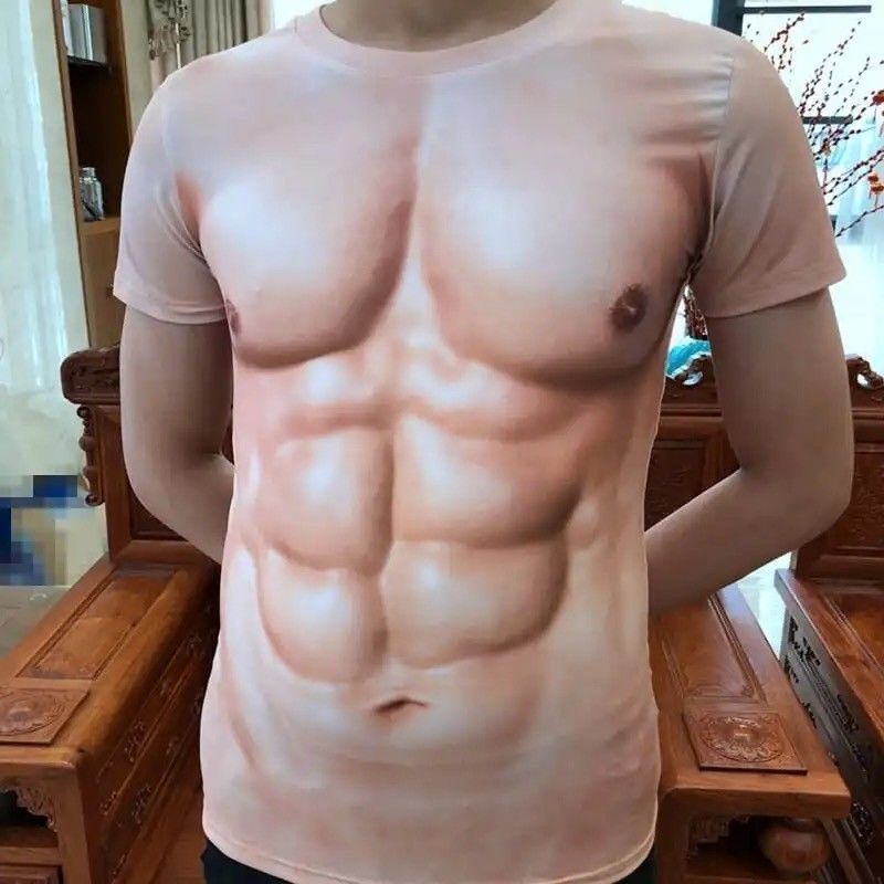 [รูปแบบใหม่] Abs Muscle Pattern Series พิมพ์แฟชั่นเสื้อยืดแขนสั้นอินเทรนด์หลวม