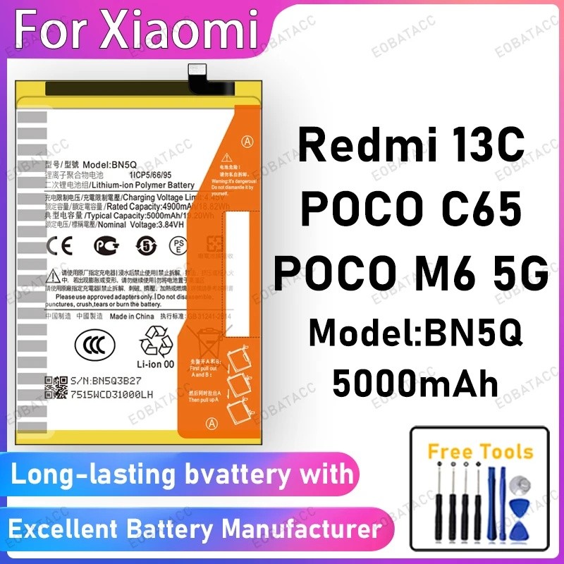 100% ใหม่ 5000mAh BN5Q แบตเตอรี่สําหรับ Xiaomi Redmi 13C/POCO C65/POCO M6 5G แบตเตอรี่เปลี่ยน Bateri