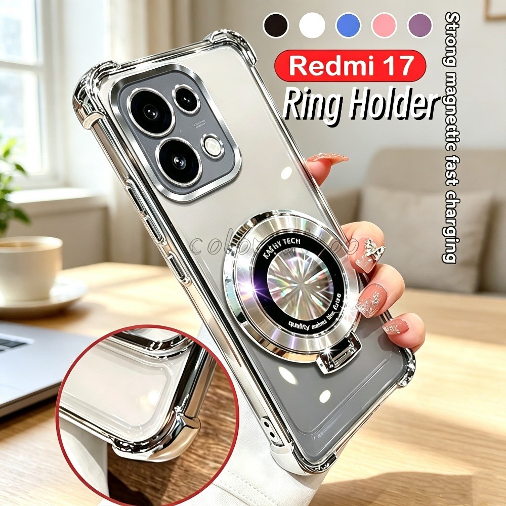 หรูหราElectroplatedโปร่งใสเคสโทรศัพท์สําหรับRedmi 17 15 15C 17C Redmi15C Redmi17 4G 5Gปลอกนุ่มสี่มุมหนาถุงลมนิรภัยกันกระแทกฝาหลังพร้อมขาตั้งแม่เหล็กผู้ถือ