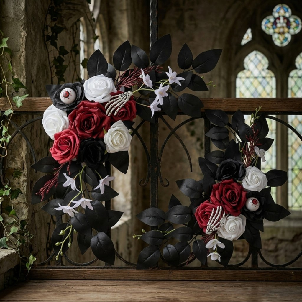 2 ชิ้นประดิษฐ์ดอกไม้ Swag โครงกระดูกมือ Gothic ประดิษฐ์ Rose Swag พร้อม Zip Ties ฮาโลวีนดอกไม้ตกแต่ง