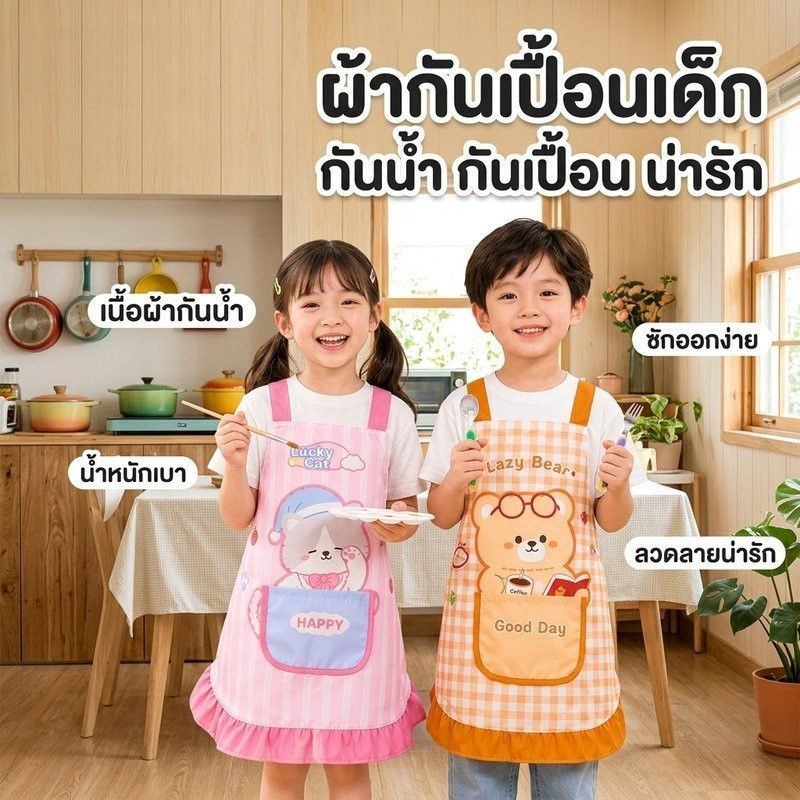 ผ้ากันเปื้อนเด็ก กันน้ำ กันเปื้อน ลายการ์ตูน น่ารัก กระเป๋าหน้า เสื้อกันเปื้อนกินข้าว วาดรูป