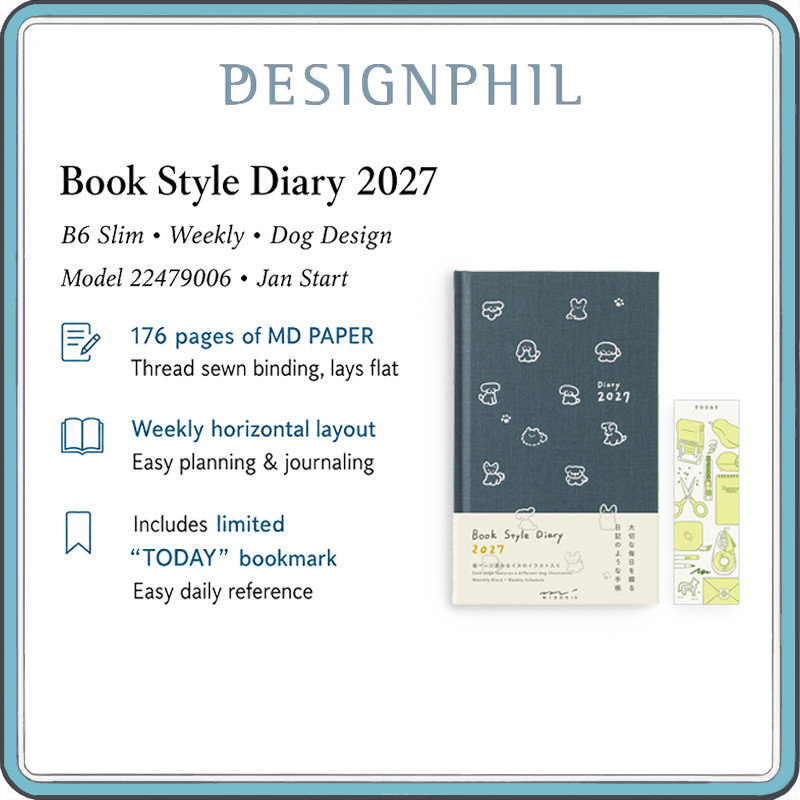 MIDORI Book Style Diary 2027 B6 Slim Weekly Planner – Dog Design, January Start, MD Paper, Made in J