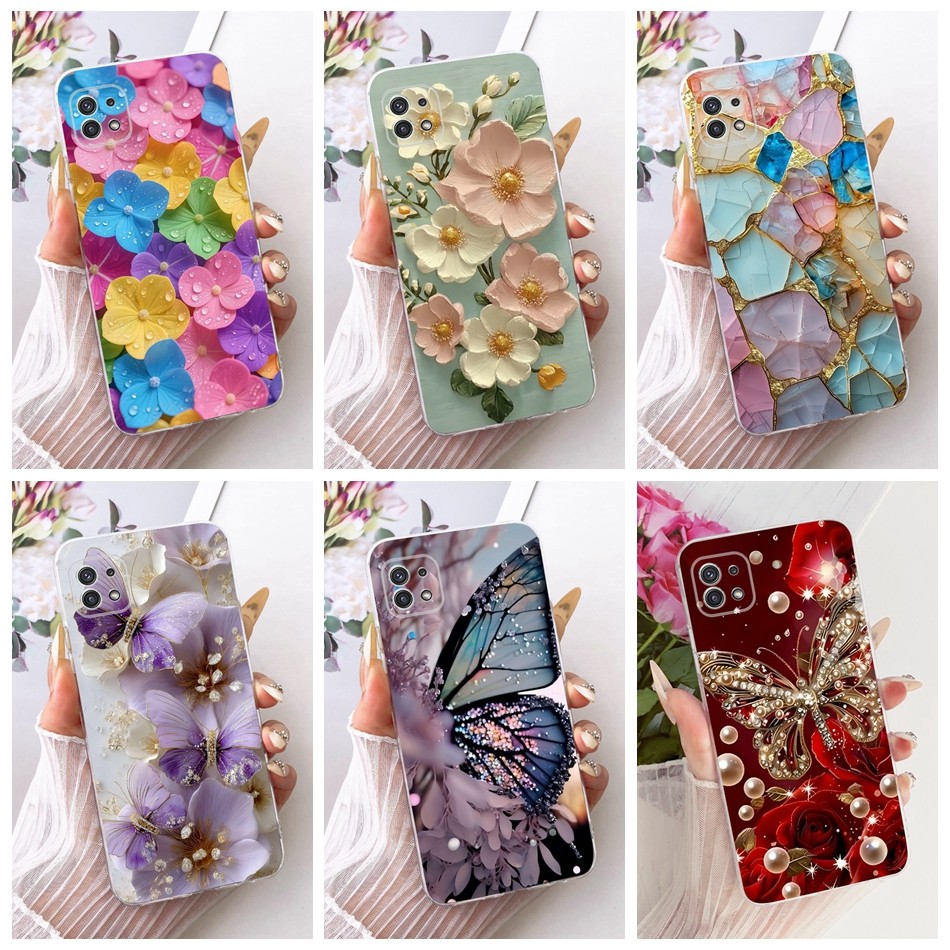 Fo Samsung Galaxy A22 5G SM-A226B / A22 4G SM-A225F ใหม่ดอกไม้หรูหราผีเสื้อรูปแบบเคสโทรศัพท์ซิลิโคนอ