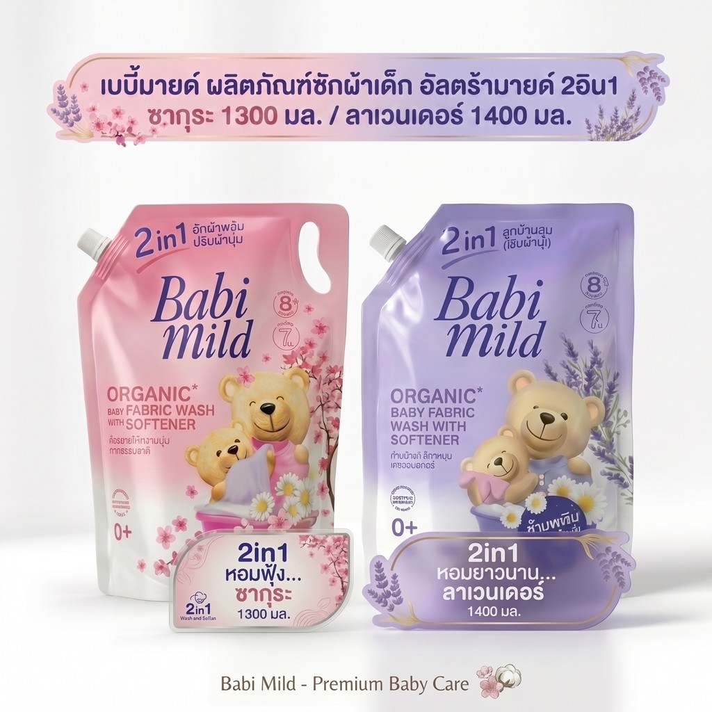 Babi Mild Organic เบบี้มายด์ ผลิตภัณฑ์ซักผ้าเด็กผสมปรับผ้านุ่ม กลิ่นไวท์ซากุระ ชนิดเติม 1400 มล. น้ำยาซักผ้าเด็ก