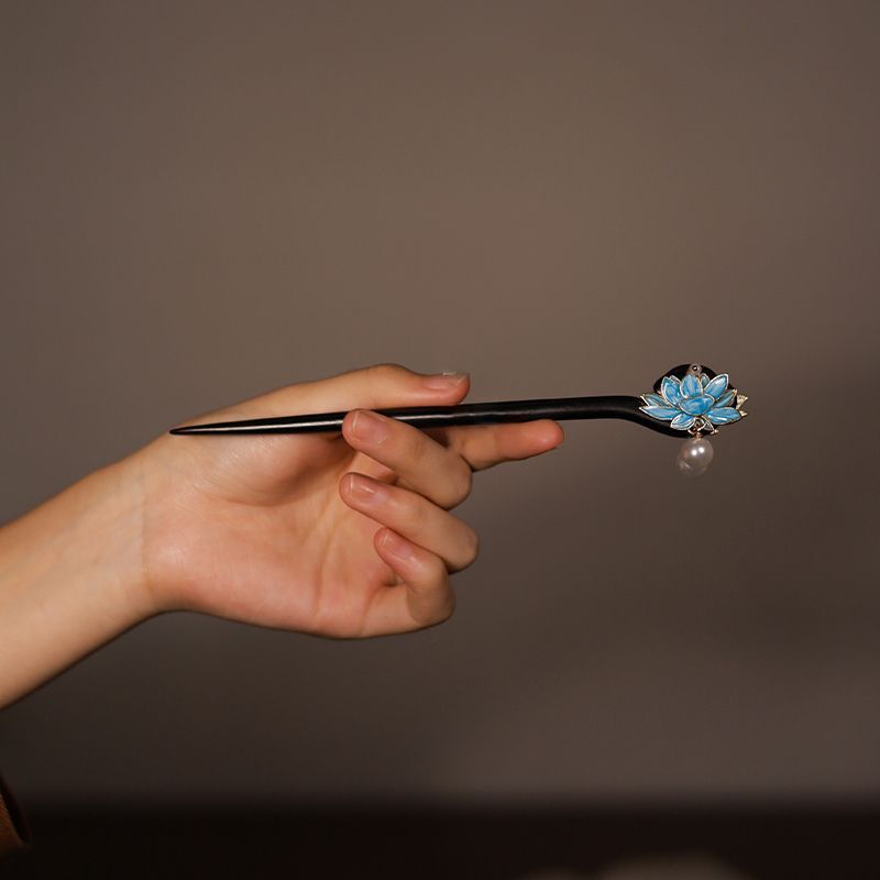 Ebony Double-Sided Lotus Hairpin Hairpin ใหม่สไตล์จีน Hanfu Ebony Double-Sided Lotus Hairpin สีฟ้าพร