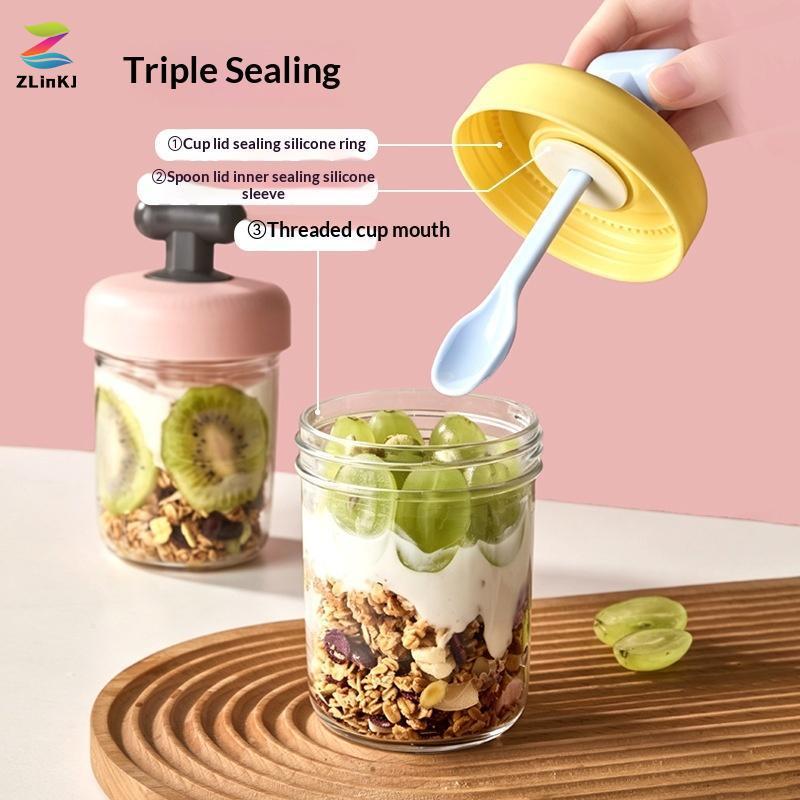 ZLinKJ แก้วข้าวโอ๊ตถ้วยโปร่งใส BPA ฟรีพร้อมฝาปิดสุญญากาศช้อนเครื่องชั่งน้ําหนักสําหรับอาหารเช้านมแบบพกพาใช้ใหม่