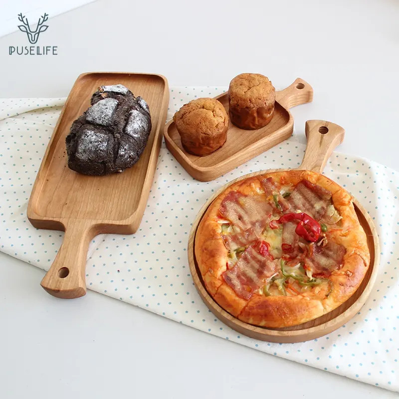 PUSELIFE เครื่องครัว Acacia Wood Round Pizza Wood Cutting Board,wood Pizza Plate Wood Serving Tray