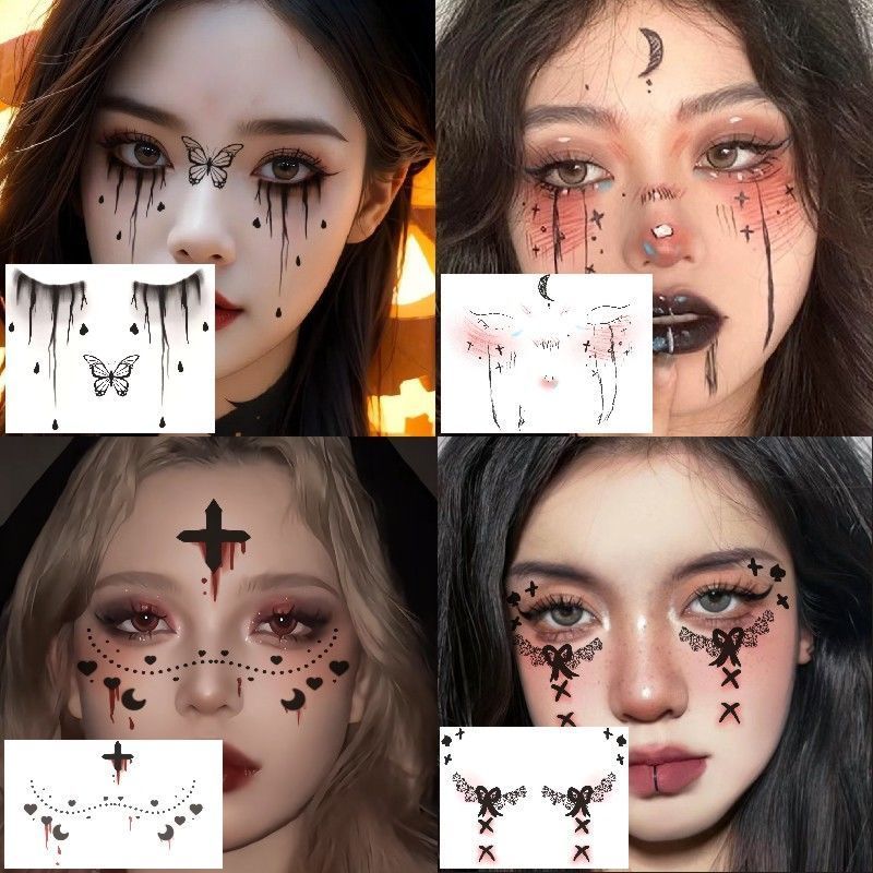 万圣节可爱南瓜妆容脸部贴* 纸 暗黑小恶魔修女伤疤小丑蝙蝠贴Halloween Witch Gothic Dark Makeup Nun Creative Makeup * Children'S Ca