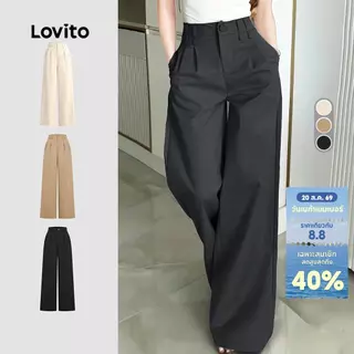 Lovito แคชชวล กางเกงลําลองผู้หญิง สีเทาเข้ม ทรงซิป กระดุม ดีไซน์คลาสสิก เหมาะสําหรับฤดูใบไม้ผลิและฤดูร้อน L34LD052