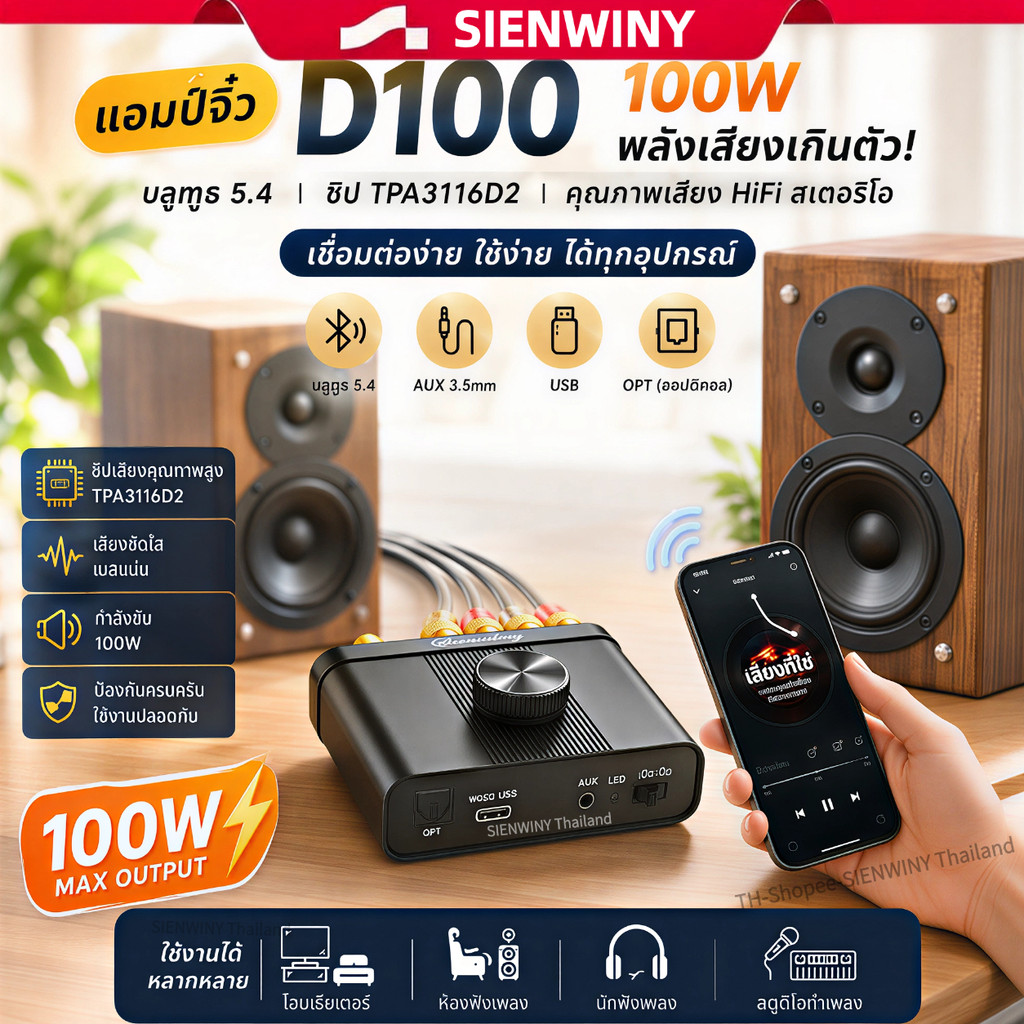 เครื่องขยายเสียงดิจิตอล D100 100W Bluetooth 5.4 ชิป TPA3116D2 HiFi 2.0 Stereo แอมป์ขนาดเล็ก AUX USB OPT สำหรับลำโพง