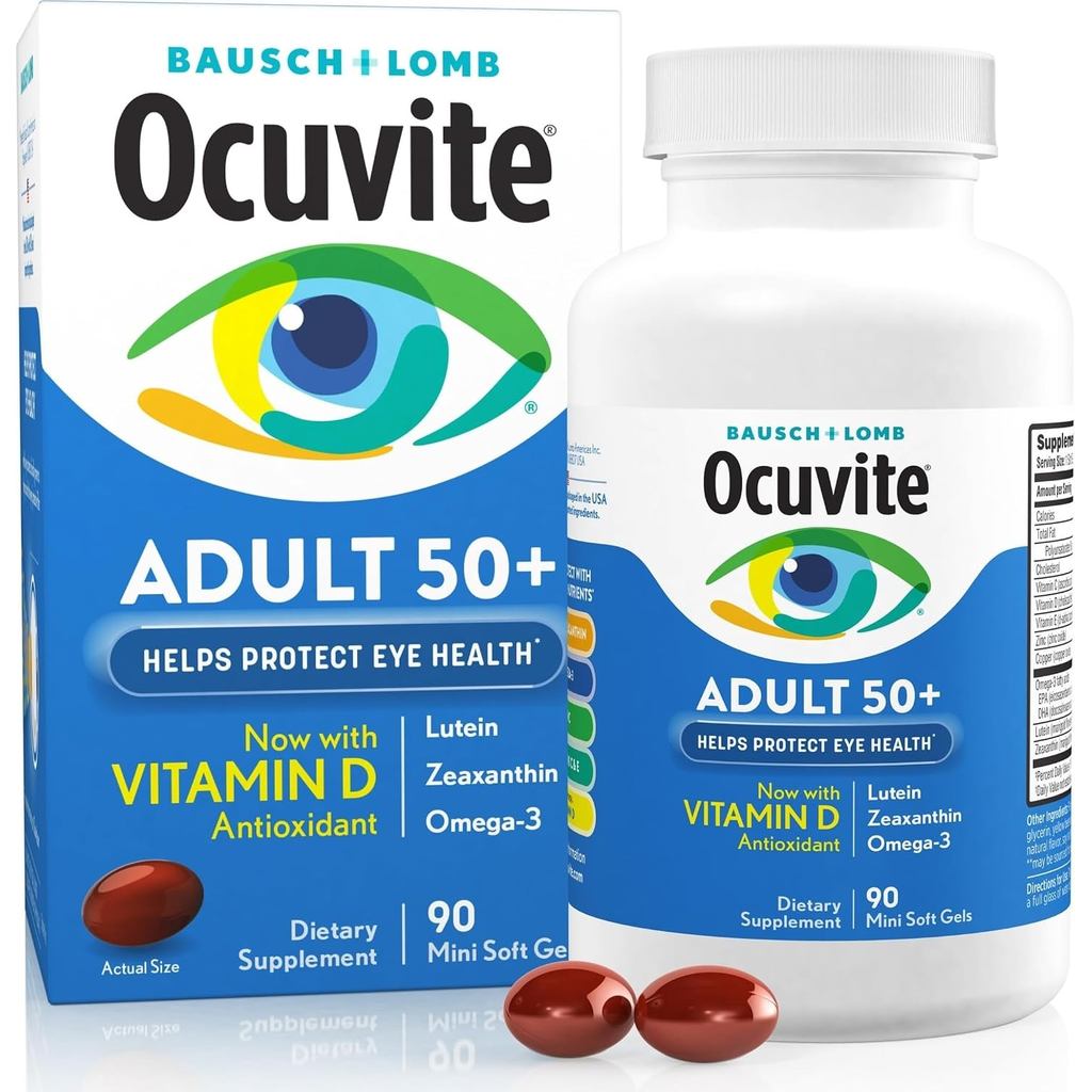 Ocuvite50+EyeVitamins,Lutein&Zeaxanthinอาหารเสริม,90ซอฟเจล|Eyehealthsupplementfors50+,omega-3,zic,vi
