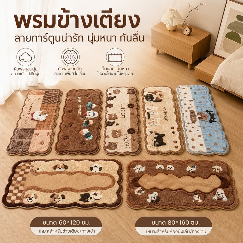 พรมข้างเตียง พรมปูพื้น ลายการ์ตูนสัตว์ ผ้าคริสตัล นุ่มหนา กันลื่น ซักน้ำได้ 60*120 80*160