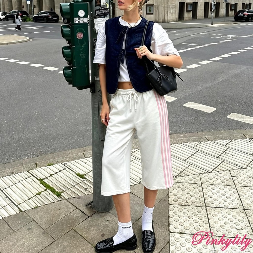 สีชมพู -ผู้หญิง́ กางเกงขากว้าง Capris Striped Side Loose Fit Drawstring Cropped Pants