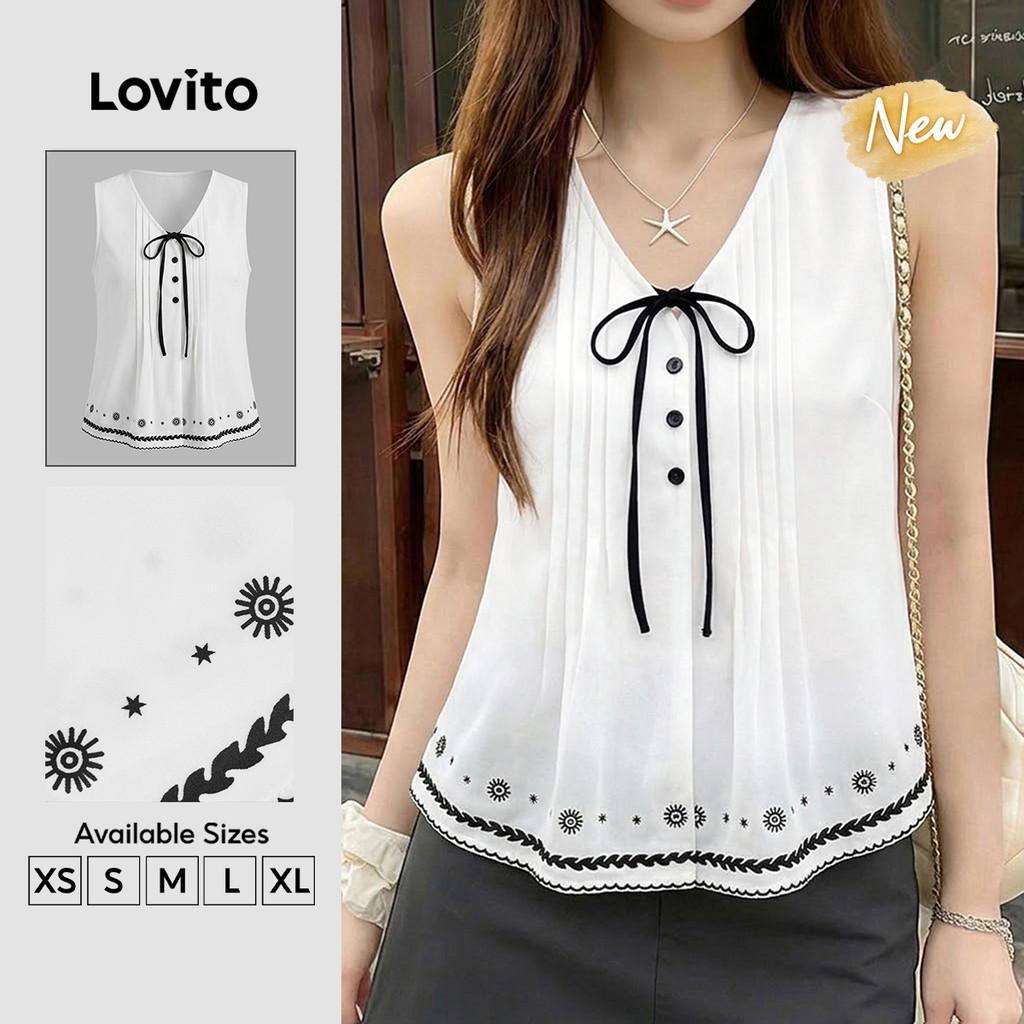 (New Arrival) Lovito เสื้อสตรีสีขาวออฟไวท์ผูกด้านหน้า สไตล์หรูหรา เหมาะสําหรับฤดูใบไม้ผลิและฤดูร้อน พร้อมขอบตกแต่งตัดกัน TKK8P2D1031