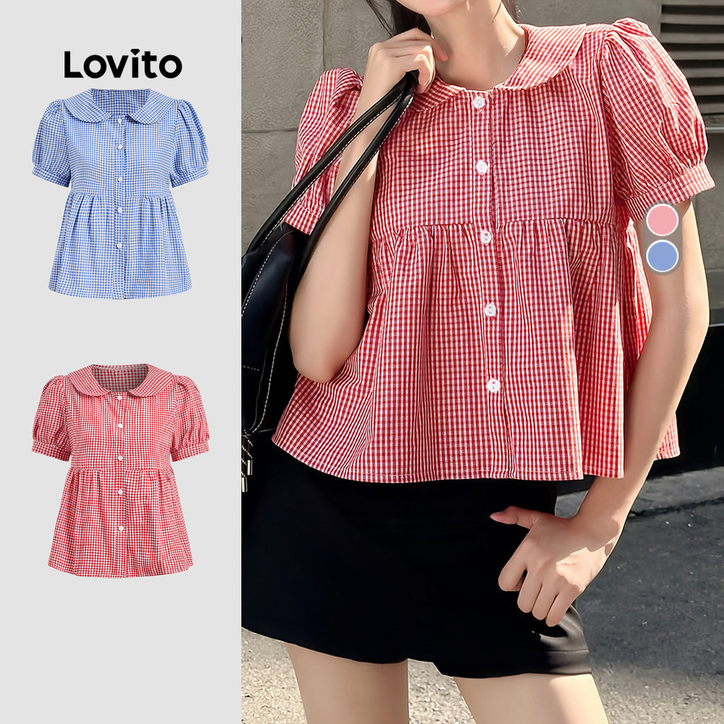 Lovito วันหยุด เสื้อเชิ้ตติดกระดุม ทรงพลีท ดีไซน์จับจีบ สำหรับฤดูใบไม้ผลิ/ฤดูร้อน สีแดง สำหรับผู้หญิง เกาหลี อินเทรนด์ L144AD019