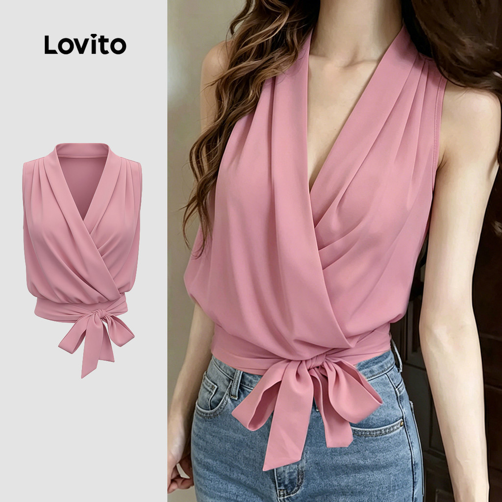 Lovito เสื้อเบลาส์สีชมพูแบบพลีตสไตล์ลําลอง สําหรับฤดูใบไม้ผลิ/ฤดูร้อนของผู้หญิง L189ED910