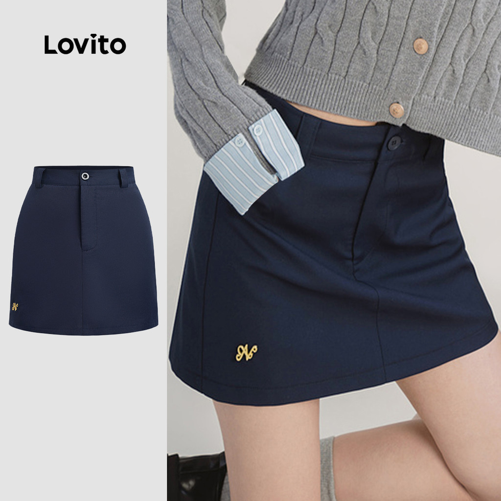 Lovito กระโปรง งานปัก สีพื้น สไตล์ลำลอง สำหรับผู้หญิง L133AD476