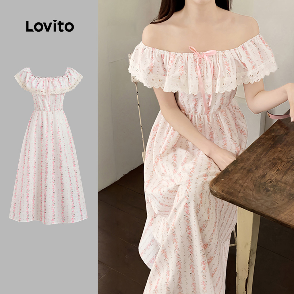 (New Arrival) Lovito โบโฮ เดรสระบายคอระบายลายดอกไม้ เดรสสีชมพูฤดูใบไม้ผลิ/ฤดูร้อนสําหรับผู้หญิง เกาหลี อินเทรนด์ L197AD1145