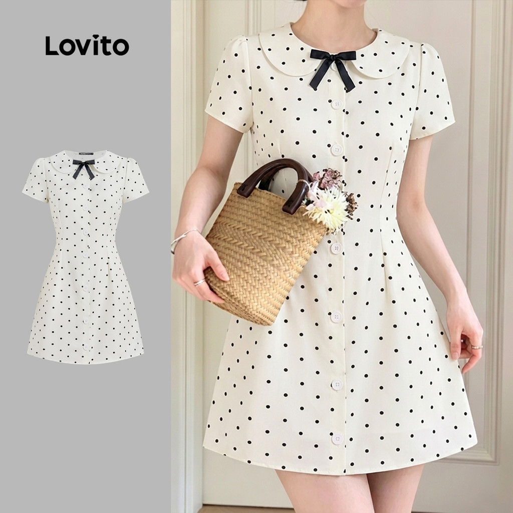 (New Arrival) Lovito เดรสลําลองผู้หญิงสีขาวงาช้าง ลายโบว์ สําหรับฤดูใบไม้ผลิ/ฤดูร้อน สีดำ เกาหลี อินเทรนด์ L200AD262