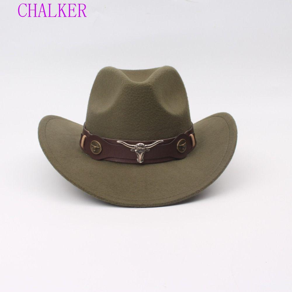 CHALKER Cowgirl แจ๊สหมวก, กว้าง Brim Woolen หมวกคาวบอยตะวันตก, ปรับสีทึบ Big-edge Party คอสเพลย์หมวกขี่จักรยานหมวก