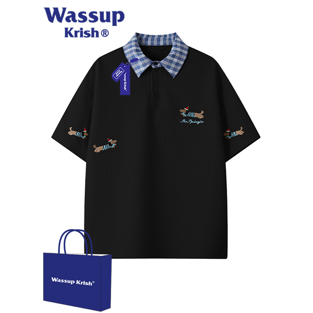 WASSUP KRISH สนุก Dachshund ปักเสื้อยืดแขนสั้นผู้ชายฤดูร้อน High-End Contrast สีตรวจสอบเสื้อโปโล