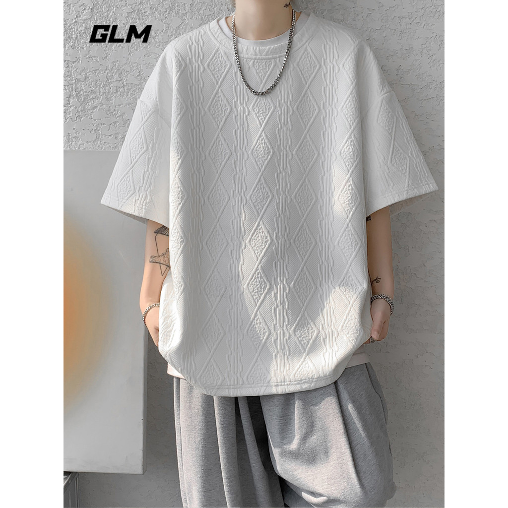 GLM อย่างเป็นทางการแท้ Street Wear Jacquard เสื้อยืดแขนสั้นฤดูร้อนผู้ชายอินเทรนด์หลวมรอบคอเพชรเนื้อ 
