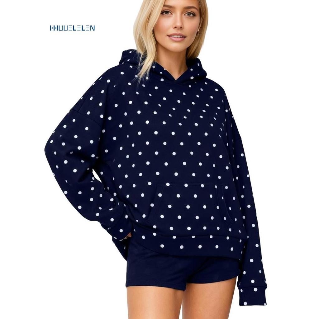 [Promote H]ผู้หญิง Polka Dot Hoodie เสื้อกันหนาวมีฮู้ดขนาดใหญ่แขนยาวไหล่พิมพ์กราฟิก Hoodies สีกรมท่า