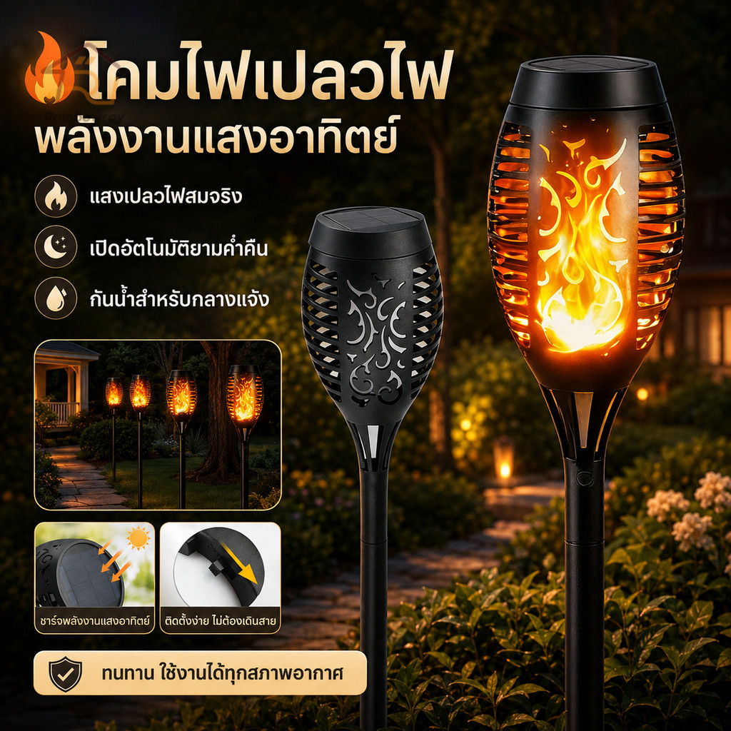 โคมไฟสนามหญ้า ไฟปักสนามโซล่าเซล เปลวเพลิง โคมไฟปักพื้นสวน กันน้ำกลางแจ้ง สวน ระเบียง ลานบ้าน
