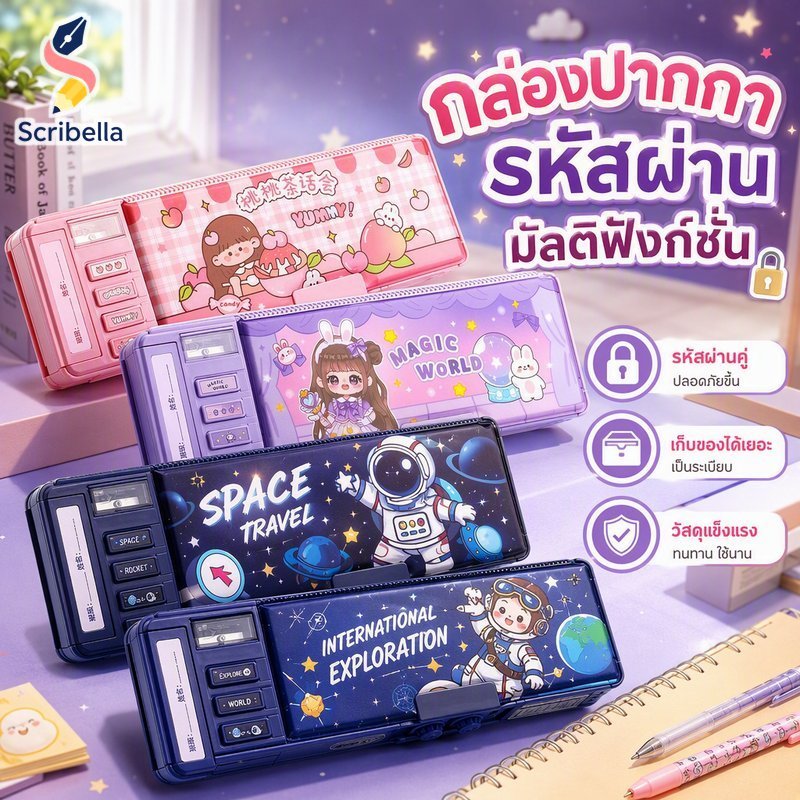 การ์ตูนรหัสผ่านกรณีดินสอความจุขนาดใหญ่ล็อคคู่แบบพกพาทนทานกล่องเก็บเครื่องเขียน