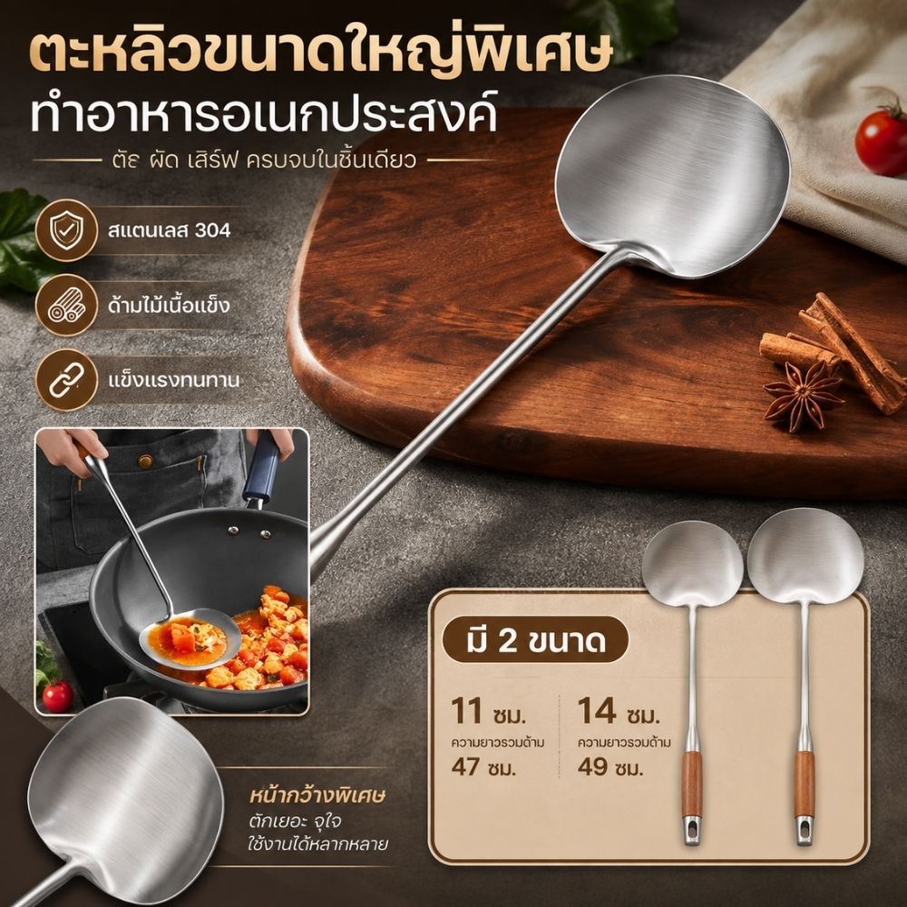 ตะหลิวขนาดใหญ่พิเศษ ทำจากสแตนเลส 304 ด้ามหนาพิเศษ แข็งแรงทนทาน G0110