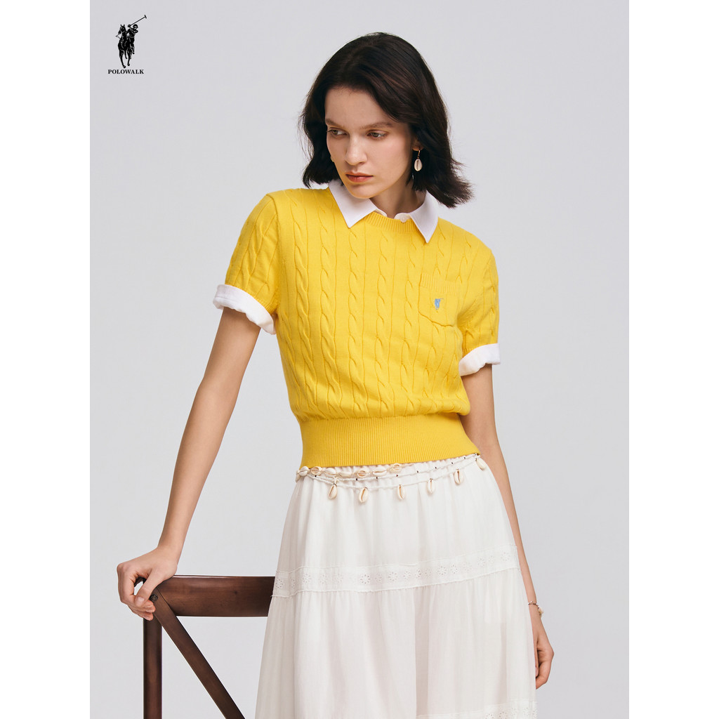 POLOWALK เสื้อสเวตเตอร์แขนสั้นผู้หญิง 2026 ฤดูใบไม้ผลิใหม่รอบคอ Twisted Top AH6W62591261