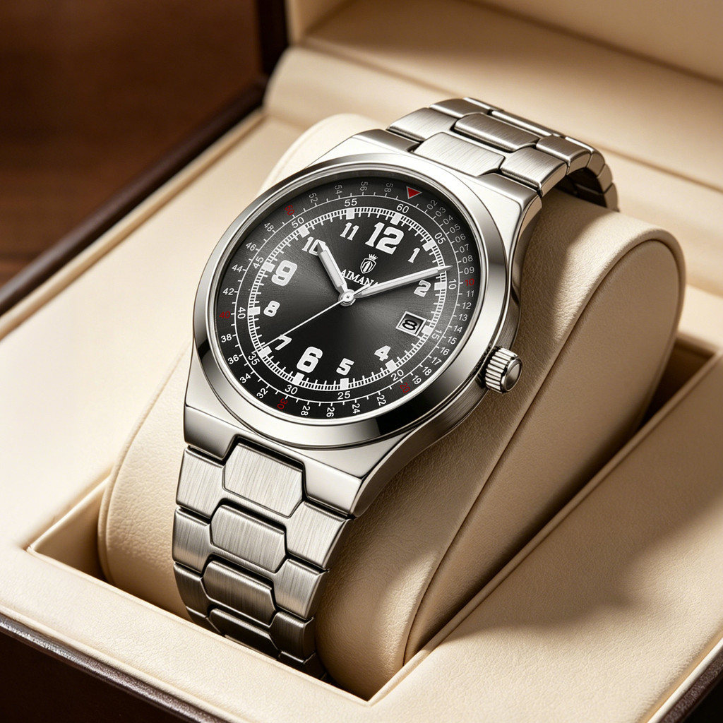 AIMANA Live Mens Steel Band Watch Simple Black Disc Calendar Luminous กันน้ําธุรกิจ XIGE