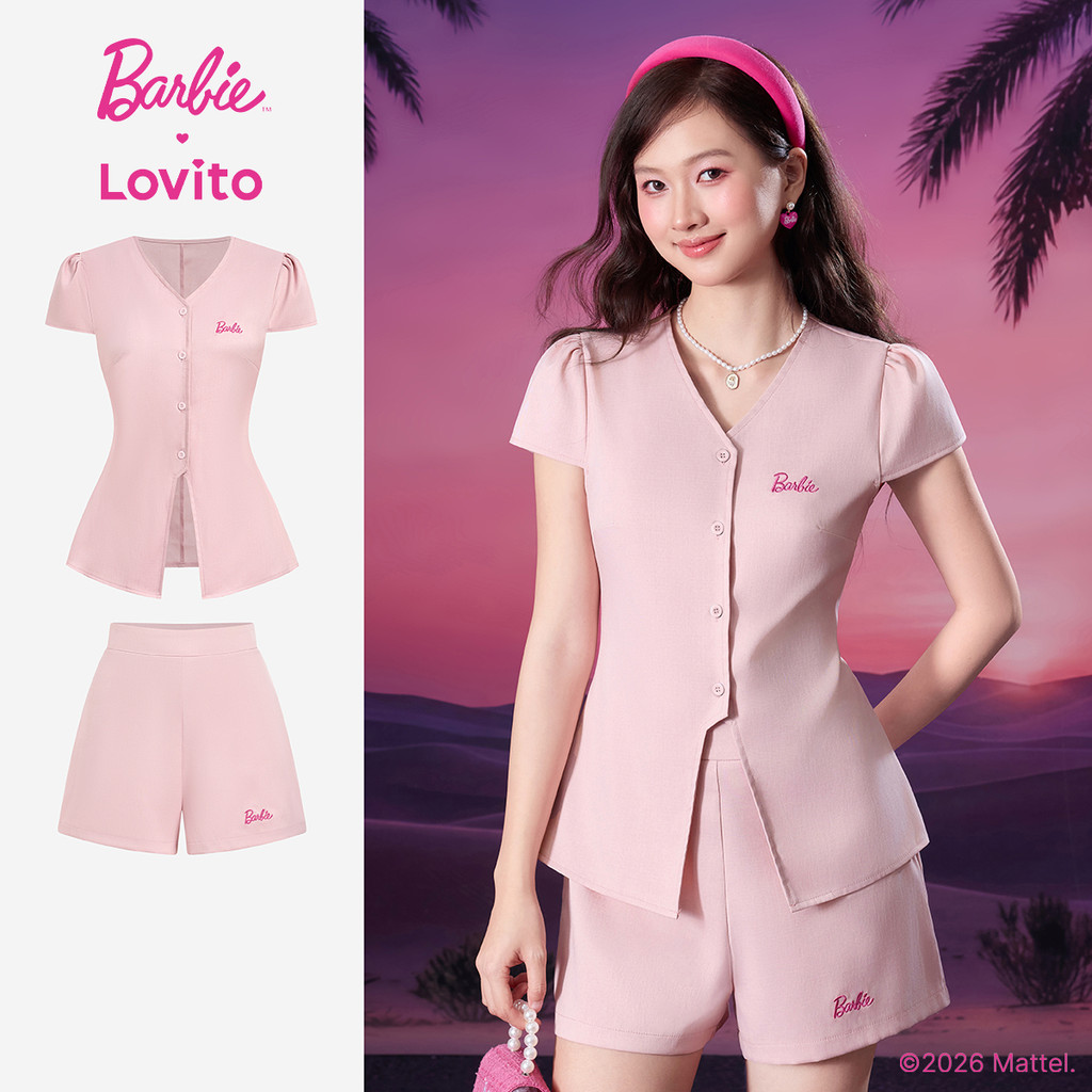 Barbie™ X Lovito เสื้อท็อปสีชมพูผู้หญิง ฤดูใบไม้ผลิ/ร้อน แขนสั้น คอวี เอวกลาง ขากว้าง ปักลาย กระดุมหน้าและร่องหน้า เกาหลี อินเทรนด์ LBL5AD051