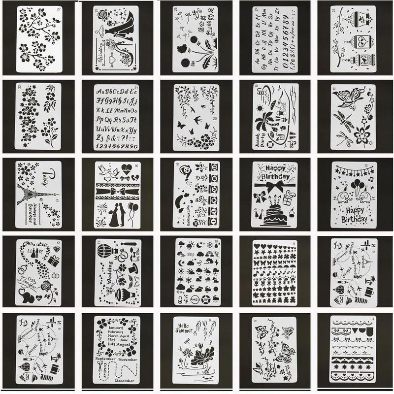 镂空绘画尺生日字母手账相册DIY' 涂鸦手抄报素材模板画花边尺工具Bookkeeping Hollow Template DIY Template Hand Drawn Children'S Hand