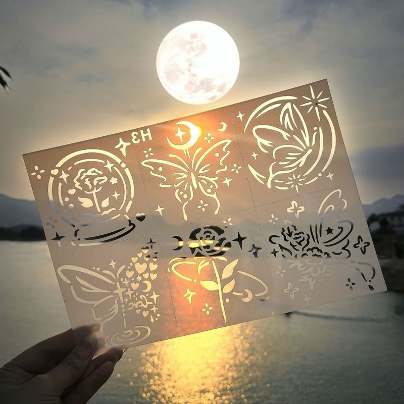 玫瑰蝴蝶' 月亮星星图案油画棒镂空绘画模板尼泊尔风琴本手抄报画画Bookkeeping Hollow Template DIY Template Hand Drawn Children'S Handw