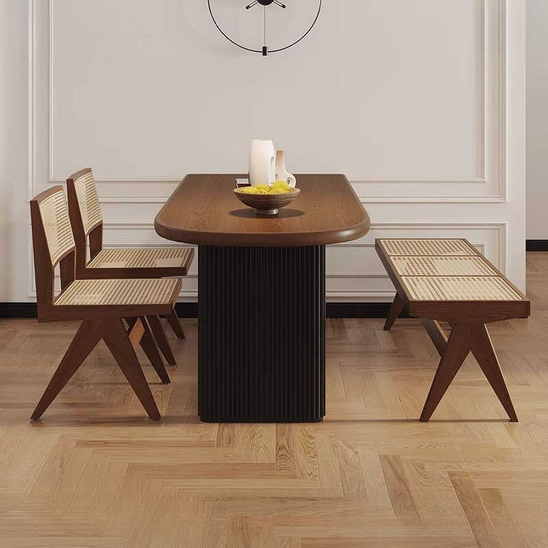 Wood Dining Table Walnut Dining Table Set with 4 Chairs Semi-Circular Table