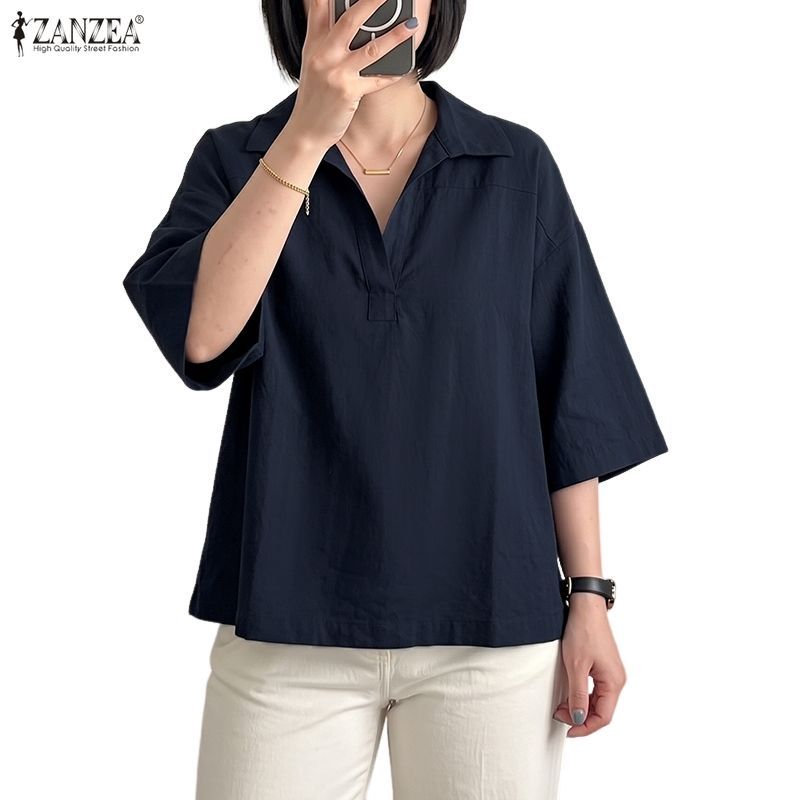 ZANZEA ผู้หญิงเกาหลีปกลําลอง Five-Quarter Sleeve Half Placket เสื้อหลวม — صورة 4