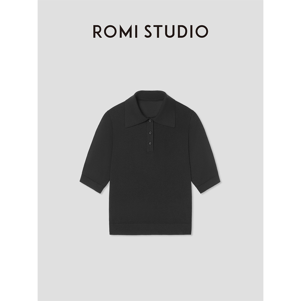 R ROMI STUDIO Pure สีสีดําเสื้อโปโลด้านหน้าไหล่แขนสั้นเสื้อยืดเสื้อถักผู้หญิง RW24LSY1180