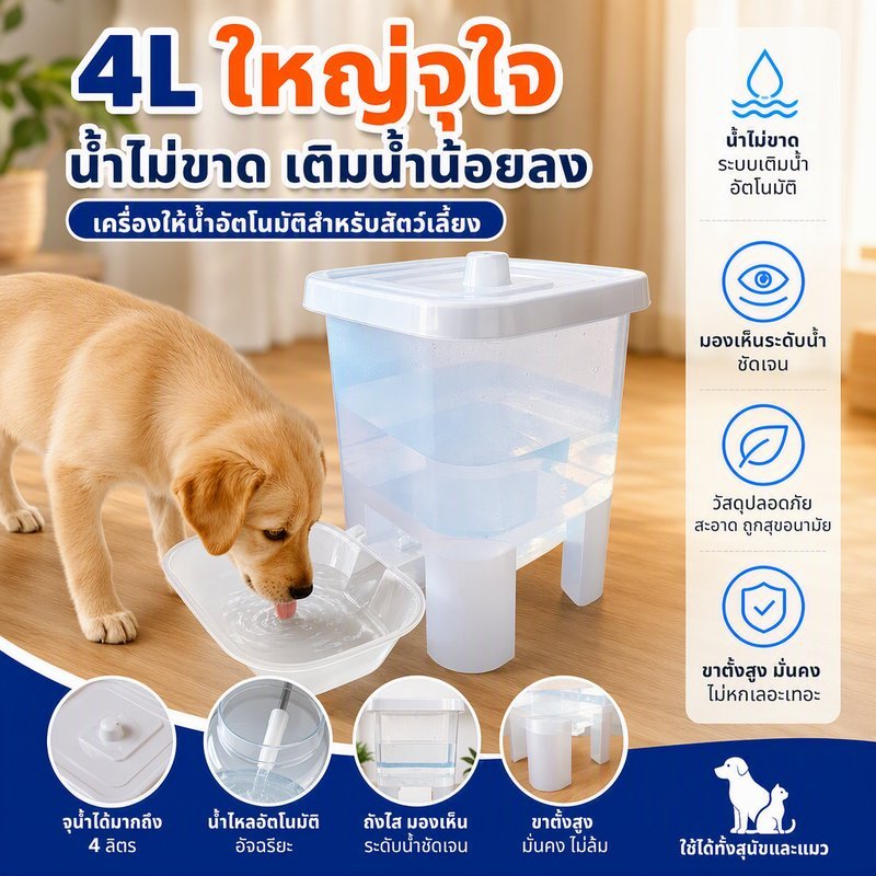 เครื่องให้น้ำสัตว์เลี้ยงอัตโนมัติ ไม่ต้องเสียบปลั๊ก ความจุใหญ่ พกพาสะดวก ใช้ได้ทั้งแมวและสุนัข