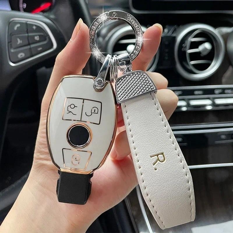 พวงกุญแจหนังสายคล้องคอเงา TPU ฝาครอบกุญแจรถสําหรับ Mercedes Benz C Class W204 GLC260 C200 CIA GLA W2