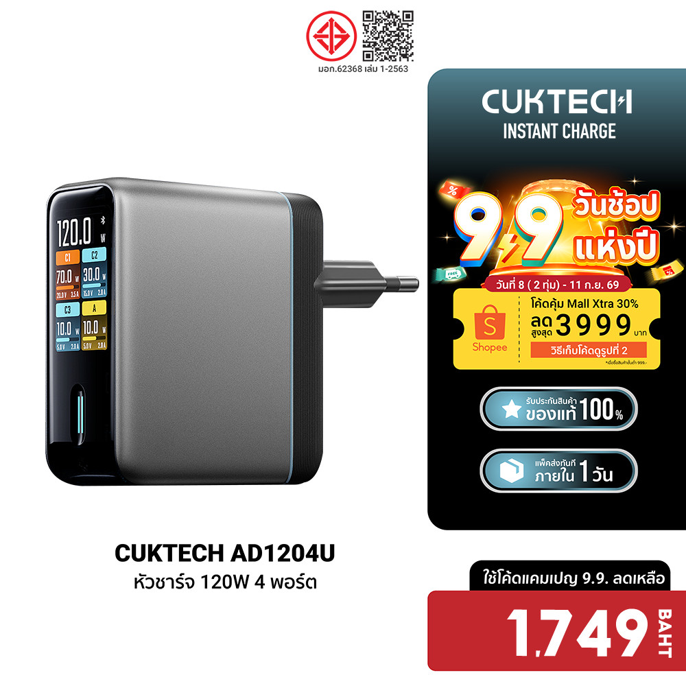 CUKTECH AD1204U หัวชาร์จ 120W 4 พอร์ต เชื่อมต่อแอป Xiaomi Home รองรับ PD3.0 , PPS -2Y