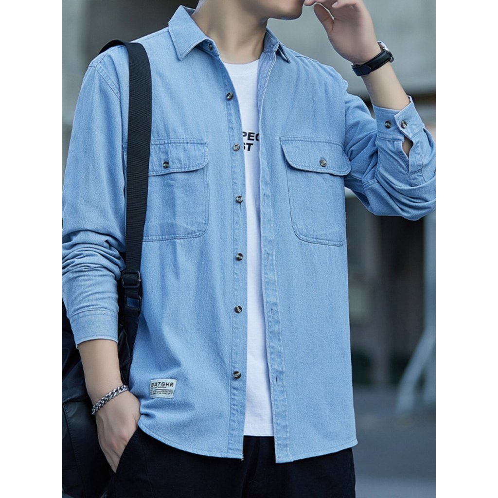 Sjuelu DENIM Jacket เสื้อเชิ้ตผู้ชายแขนยาว Anti-Wrinkle Denim ผ้าทํางานธุรกิจลําลองกระเป๋าจริง FO