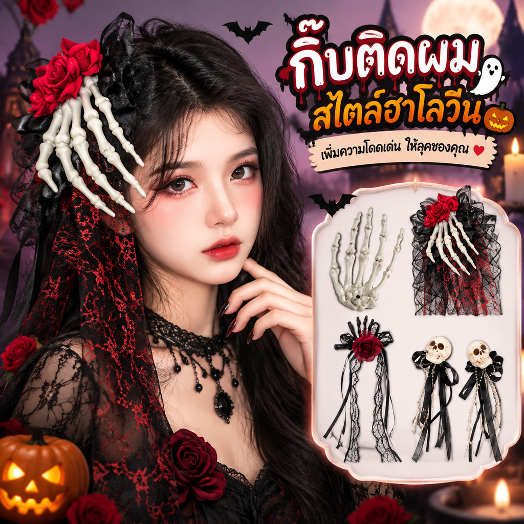 👻ส่งไว กิ๊บติดผมฮาโลวีน กะโหลกกระดูกมือ ลายกุหลาบ โกธิคแฟชั่น เครื่องประดับผมสุดเท่ สำหรับปาร์ตี้ แต่งลุคไม่ซ้ำใคร